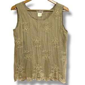 Vintage Tea & Scones Lace Overlay Crinkle Top Sz Small Light Olive Fairy Dainty‎